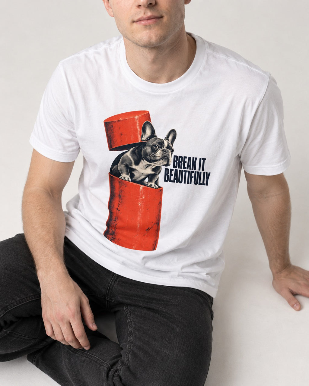 Frenchie Break It Beautifully T-Shirt in White, worn by a seated model