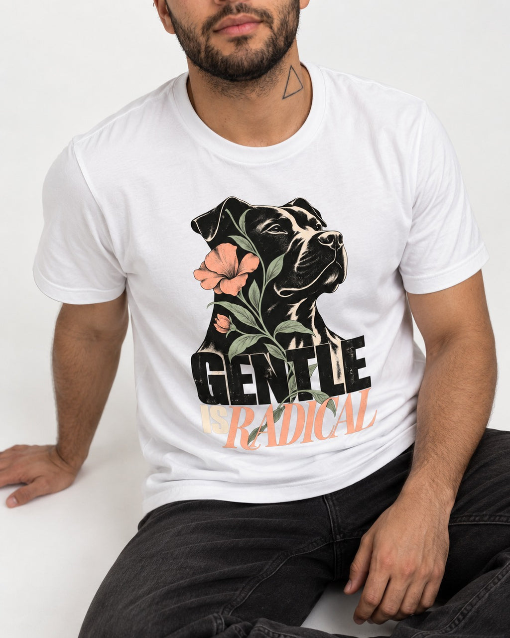 Gentle Pitbull Is Radical T-Shirt in White, worn by a seated model