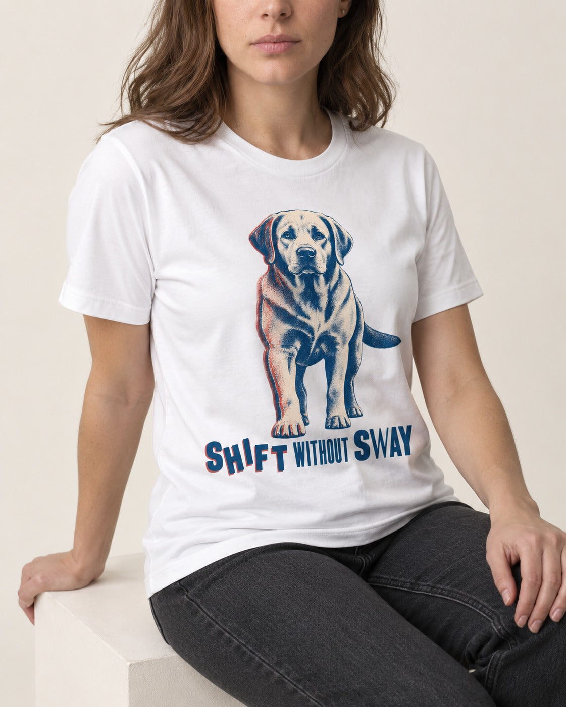 Shift Without Sway Labrador Retriever T-Shirt in White, worn by a seated model