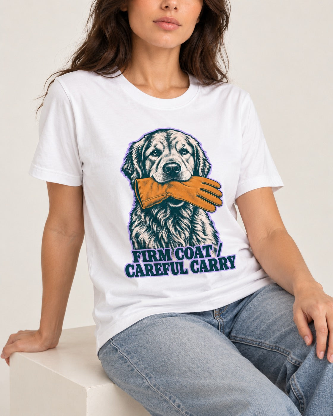 Golden Retriever Firm Coat Careful Carry T-Shirt in White, worn by a seated model