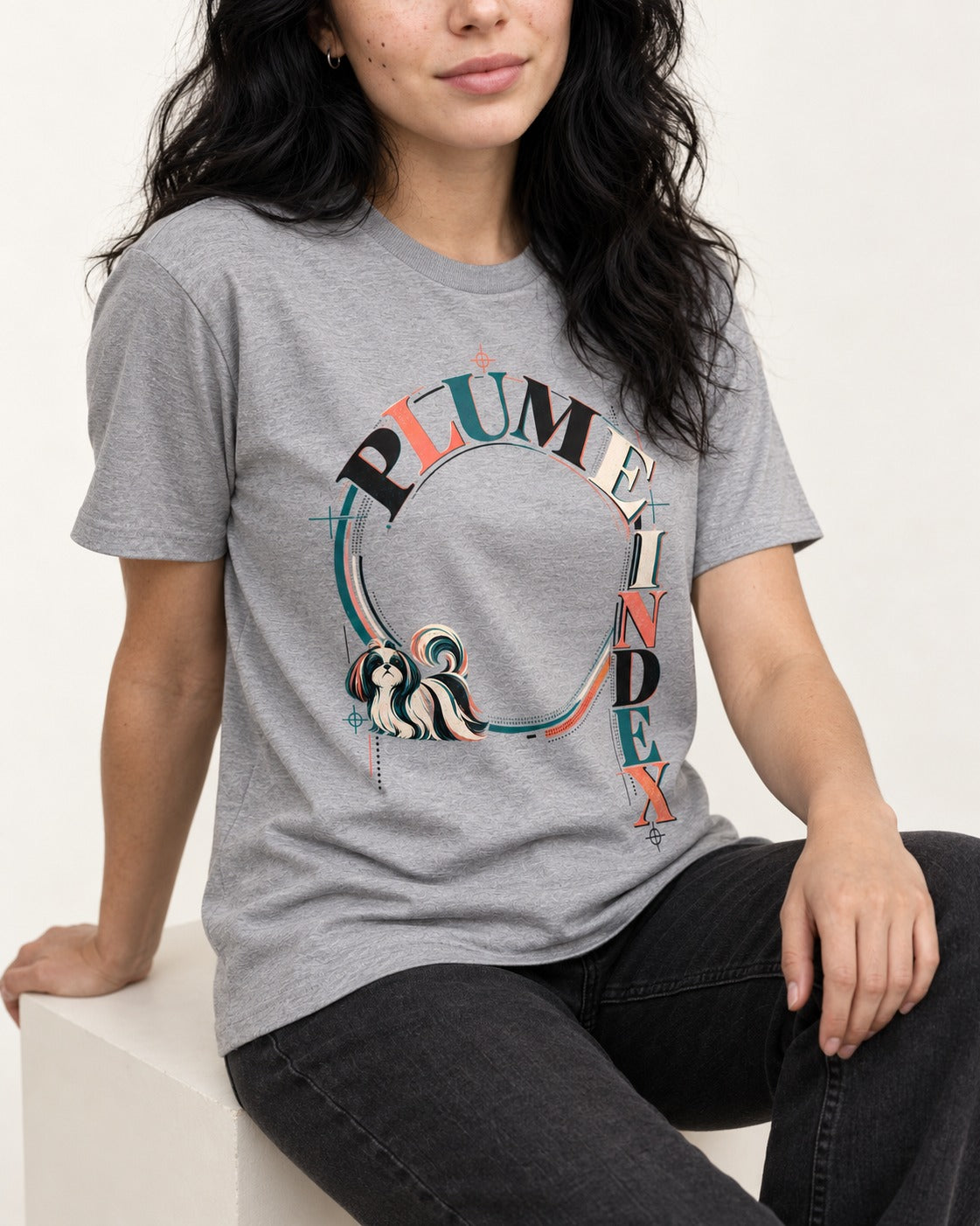 Shih Tzu Plume Index Circular Typography Graphic T-Shirt in Sport Grey, worn by a seated model