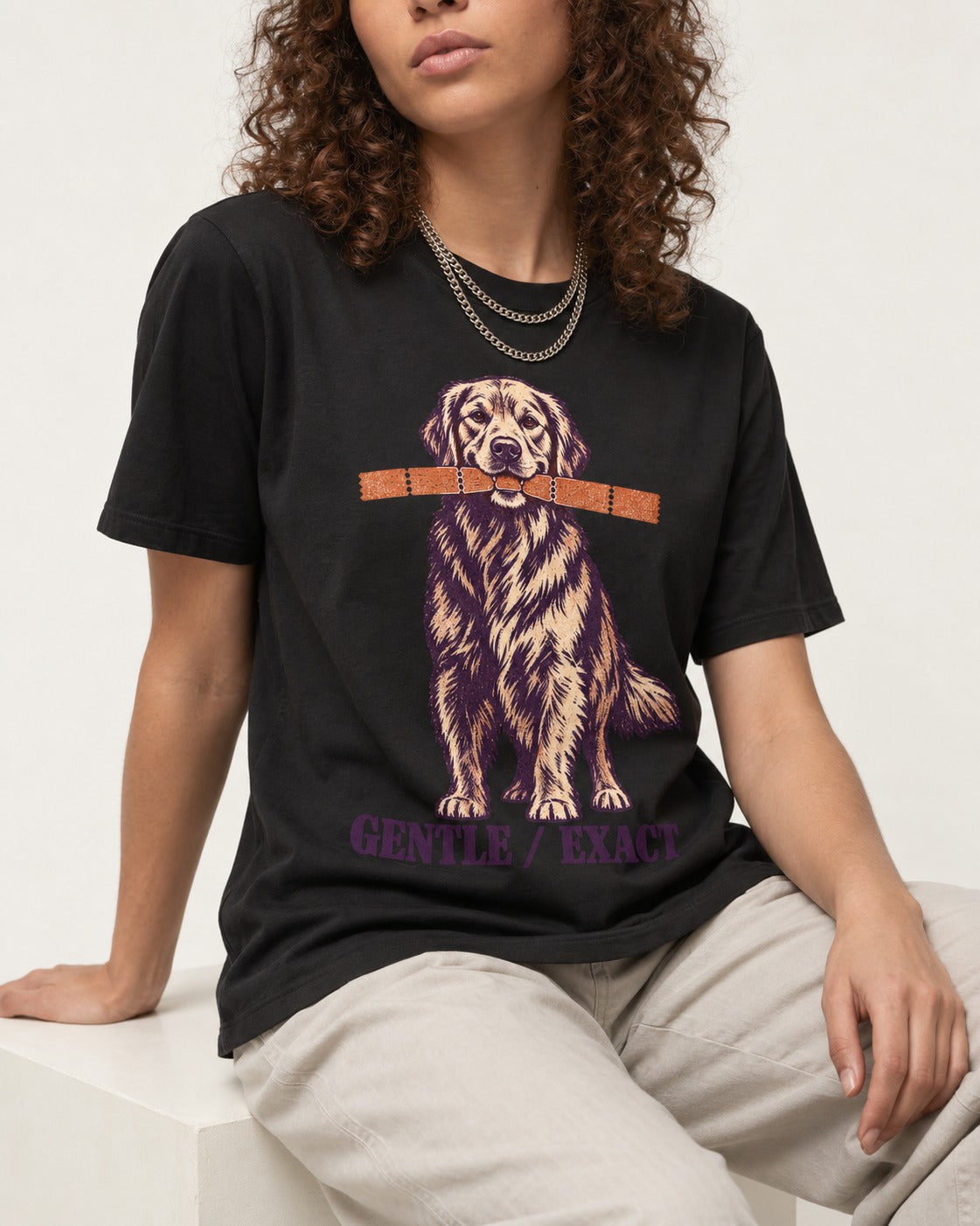 Golden Retriever Gentle Exact Paper Bridge Graphic T-Shirt in Black, worn by a seated model