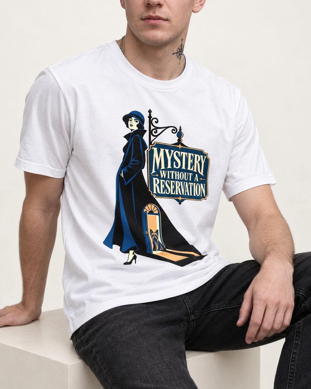 Mystery Without a Reservation Yorkshire Terrier T-Shirt in White, worn by a seated model