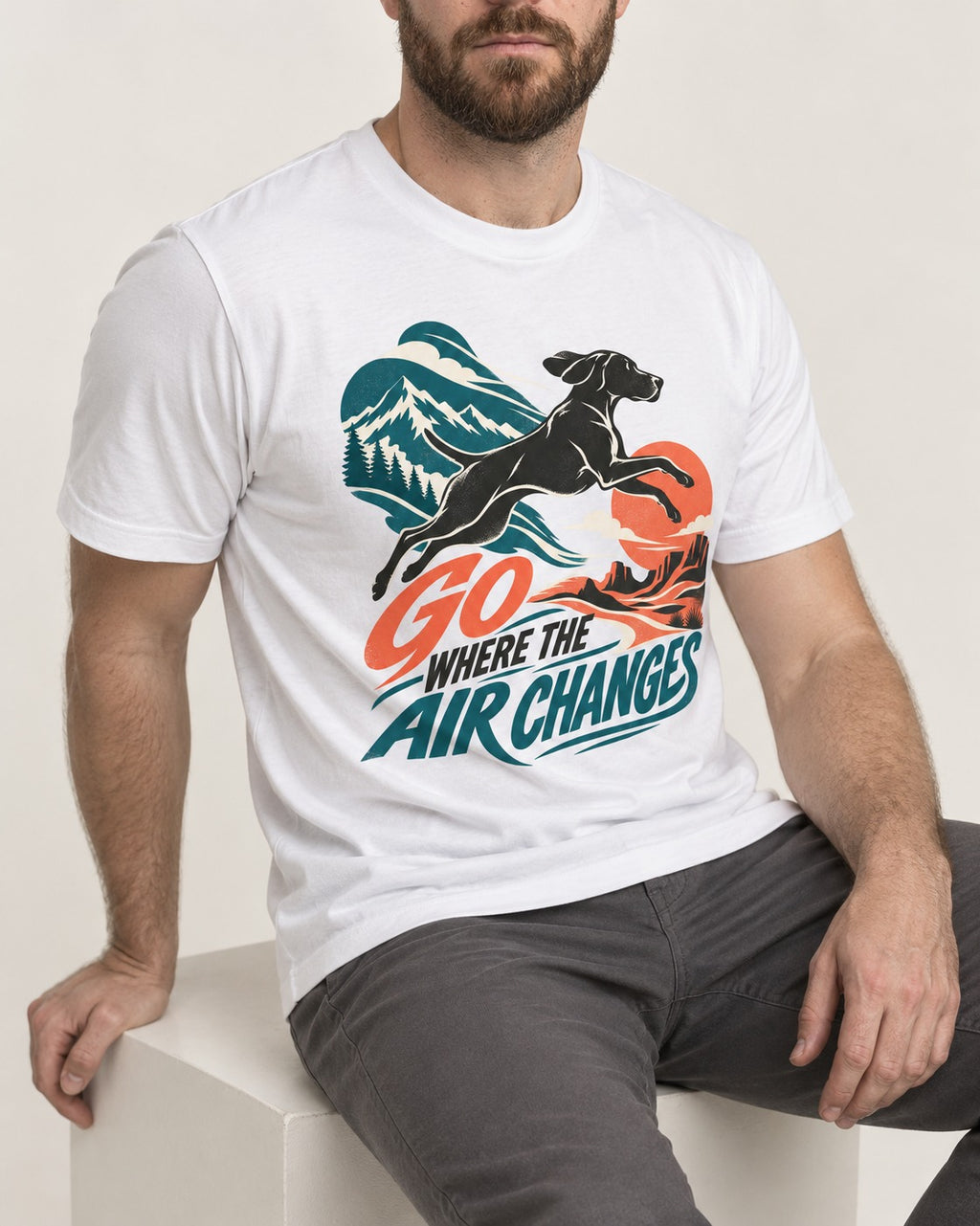 German Shorthaired Pointer Where the Air Changes T-Shirt in White, worn by a seated model