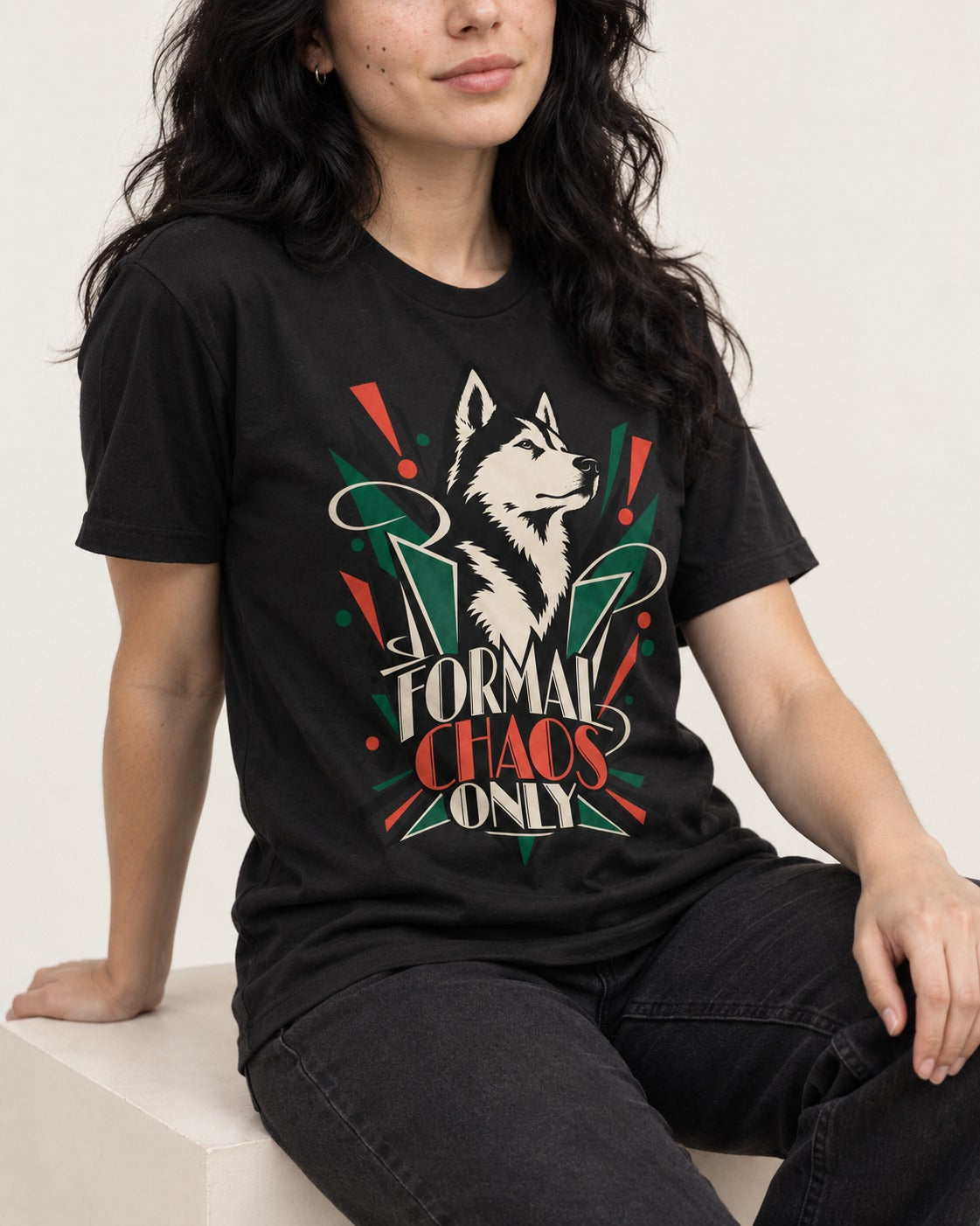 Husky Formal Chaos Only Art Deco Portrait Graphic T-Shirt in Black, worn by a seated model