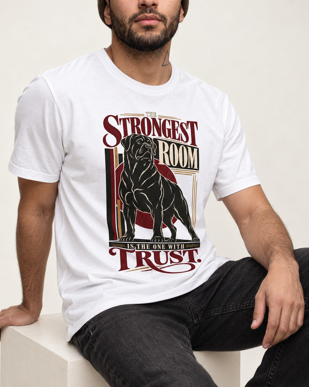 Rottweiler Trust T-Shirt in White, worn by a seated model