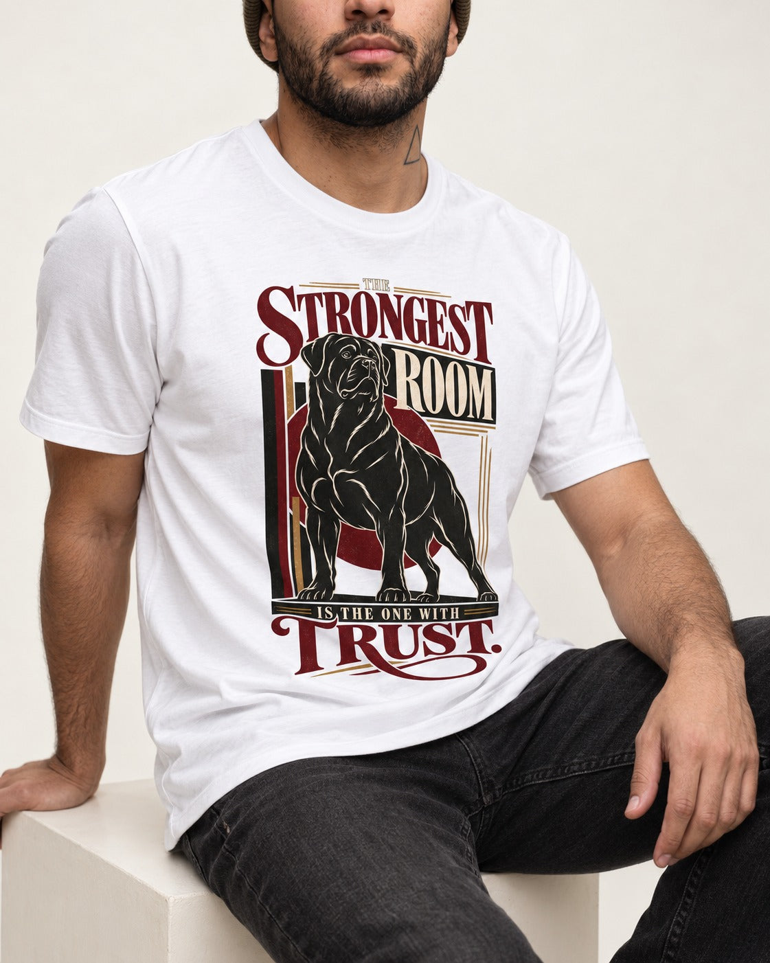 Rottweiler Trust T-Shirt in White, worn by a seated model