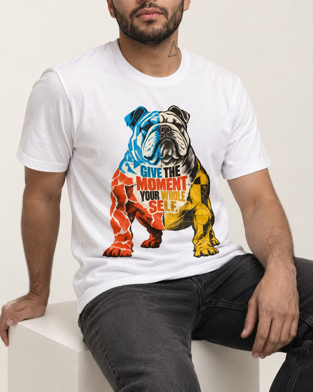 English Bulldog Give Your Whole Self T-Shirt in White, worn by a seated model