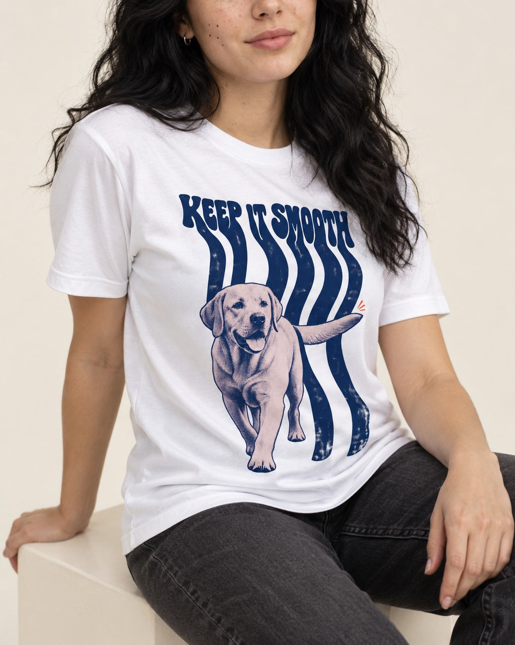 Keep It Smooth Labrador Retriever T-Shirt in White, worn by a seated model
