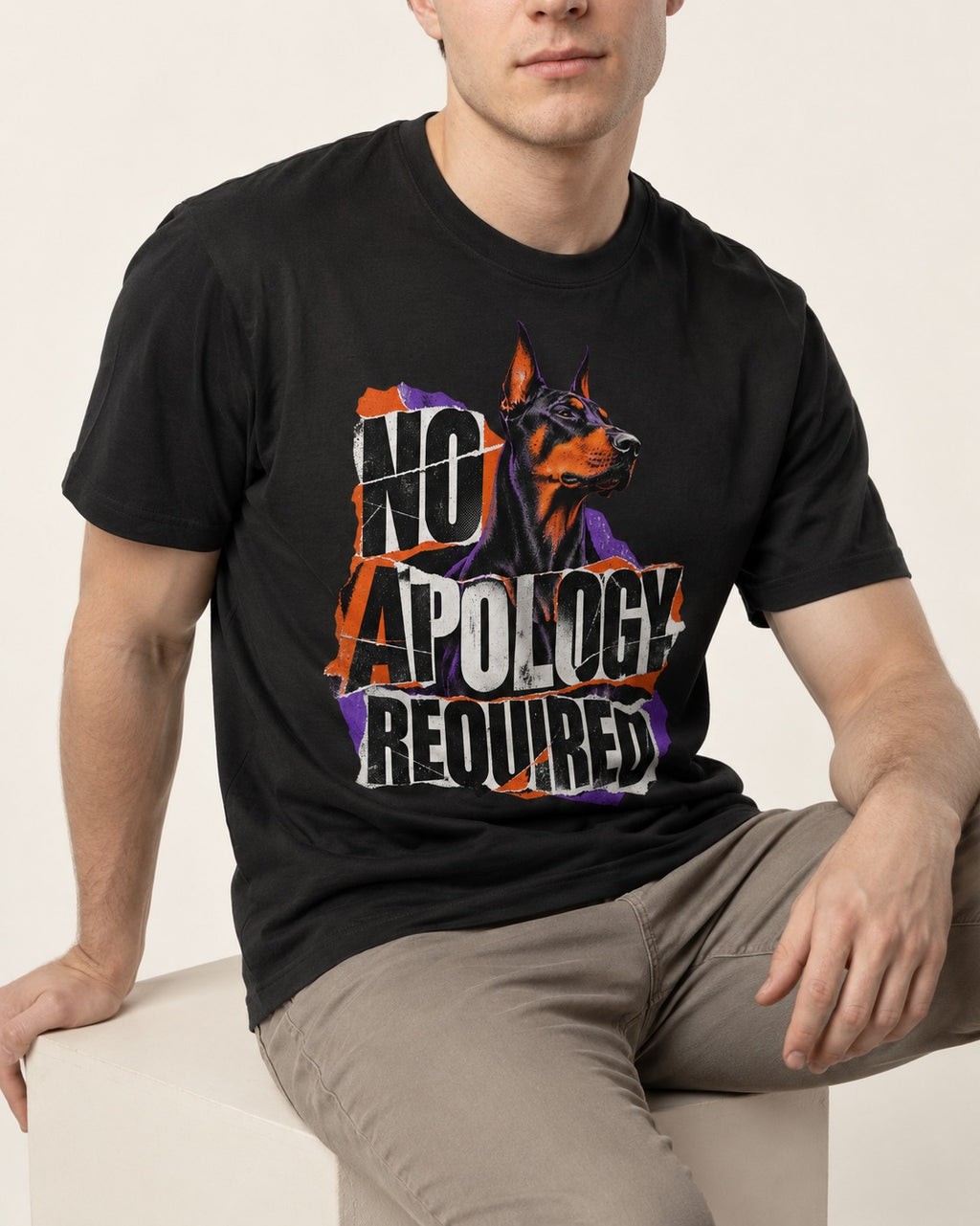 Doberman No Apology Required Torn Paper Graphic T-Shirt in Black, worn by a seated model