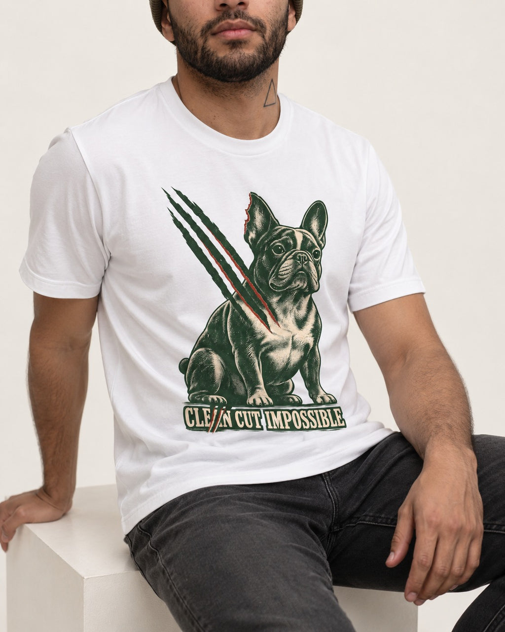 Frenchie Clean Cut Impossible T-Shirt in White, worn by a seated model