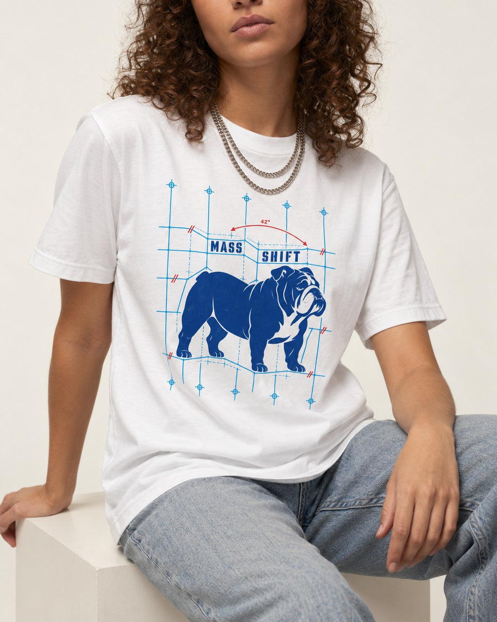 Mass Shift English Bulldog T-Shirt in White, worn by a seated model