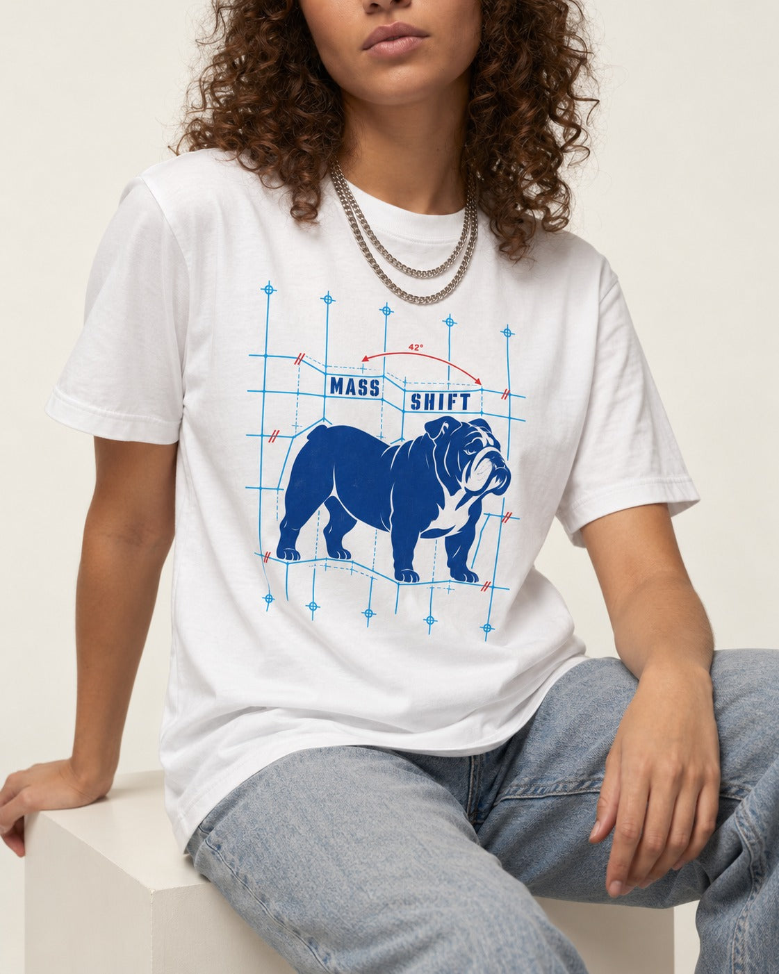 Mass Shift English Bulldog T-Shirt in White, worn by a seated model