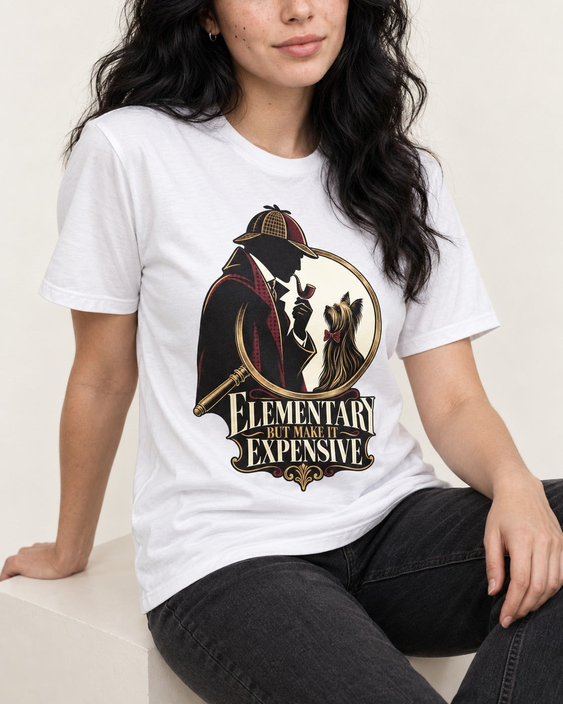 Elementary but Expensive Yorkshire Terrier T-Shirt in White, worn by a seated model
