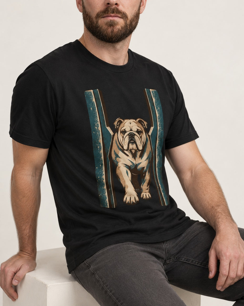 English Bulldog Walking Through Teal Gate Graphic T-Shirt in Black, worn by a seated model