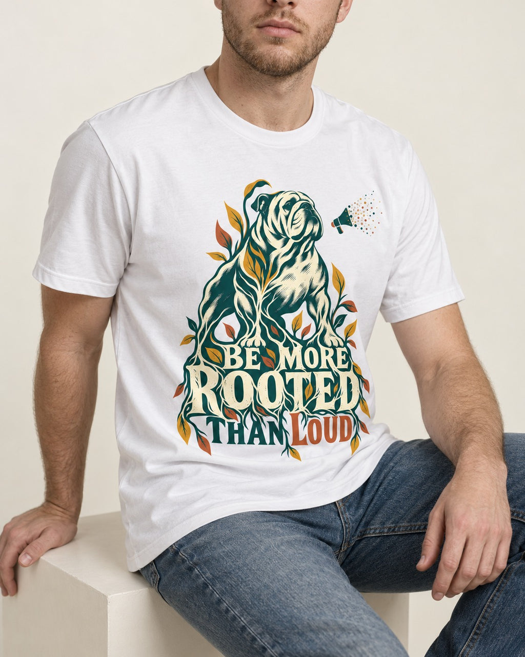 More Rooted Than Loud English Bulldog T-Shirt in White, worn by a seated model