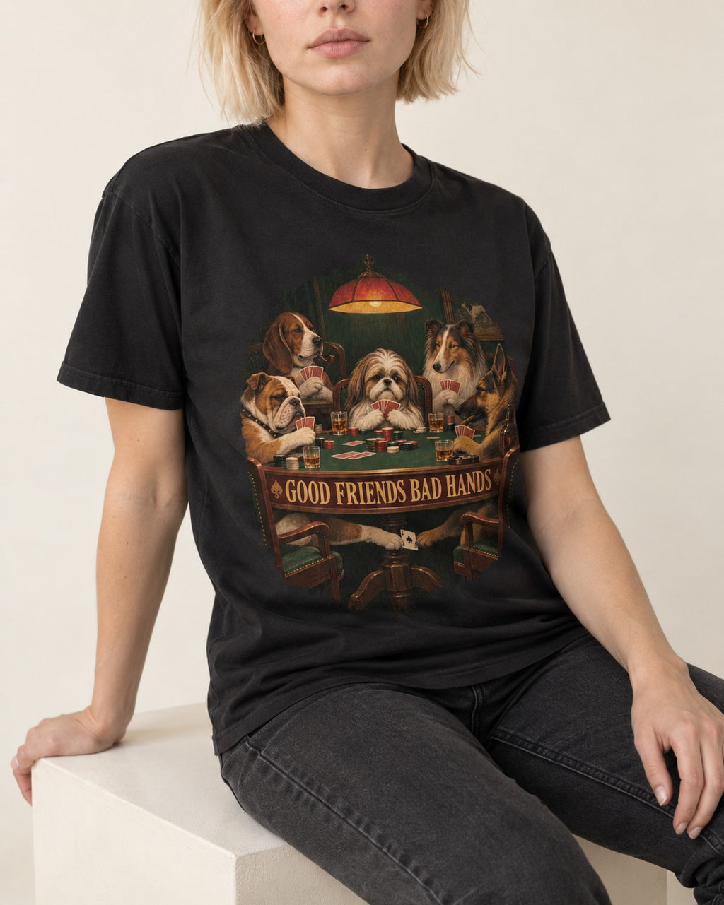 Shih Tzu Good Friends Bad Hands Poker Night Graphic T-Shirt in Black, worn by a seated model