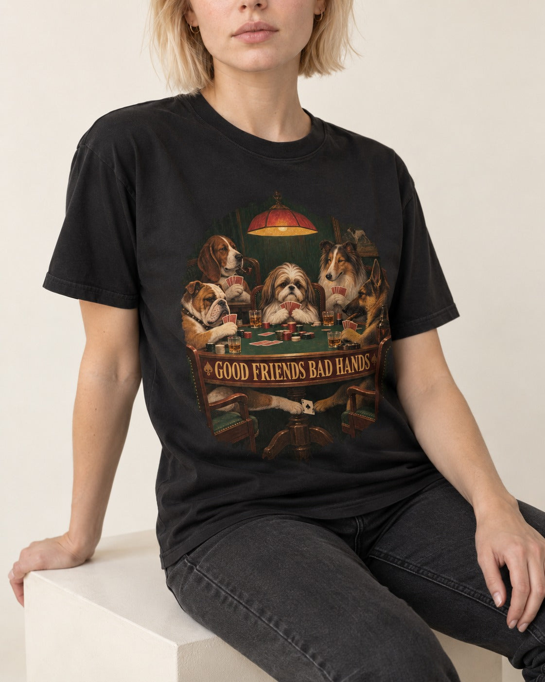 Shih Tzu Good Friends Bad Hands Poker Night Graphic T-Shirt in Black, worn by a seated model