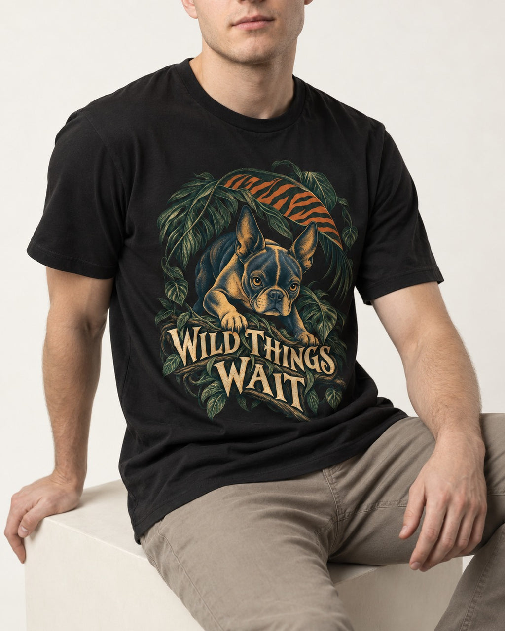 Boston Terrier Wild Things Wait T-Shirt in Black, worn by a seated model