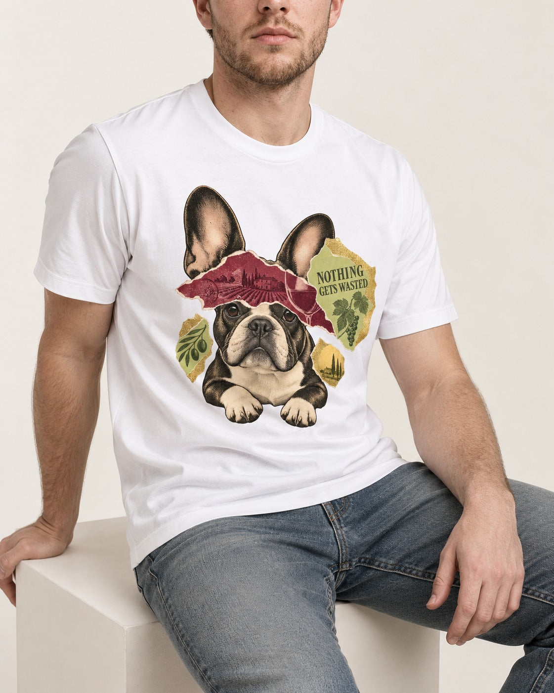 Nothing Gets Wasted with Frenchie T-Shirt in White, worn by a seated model