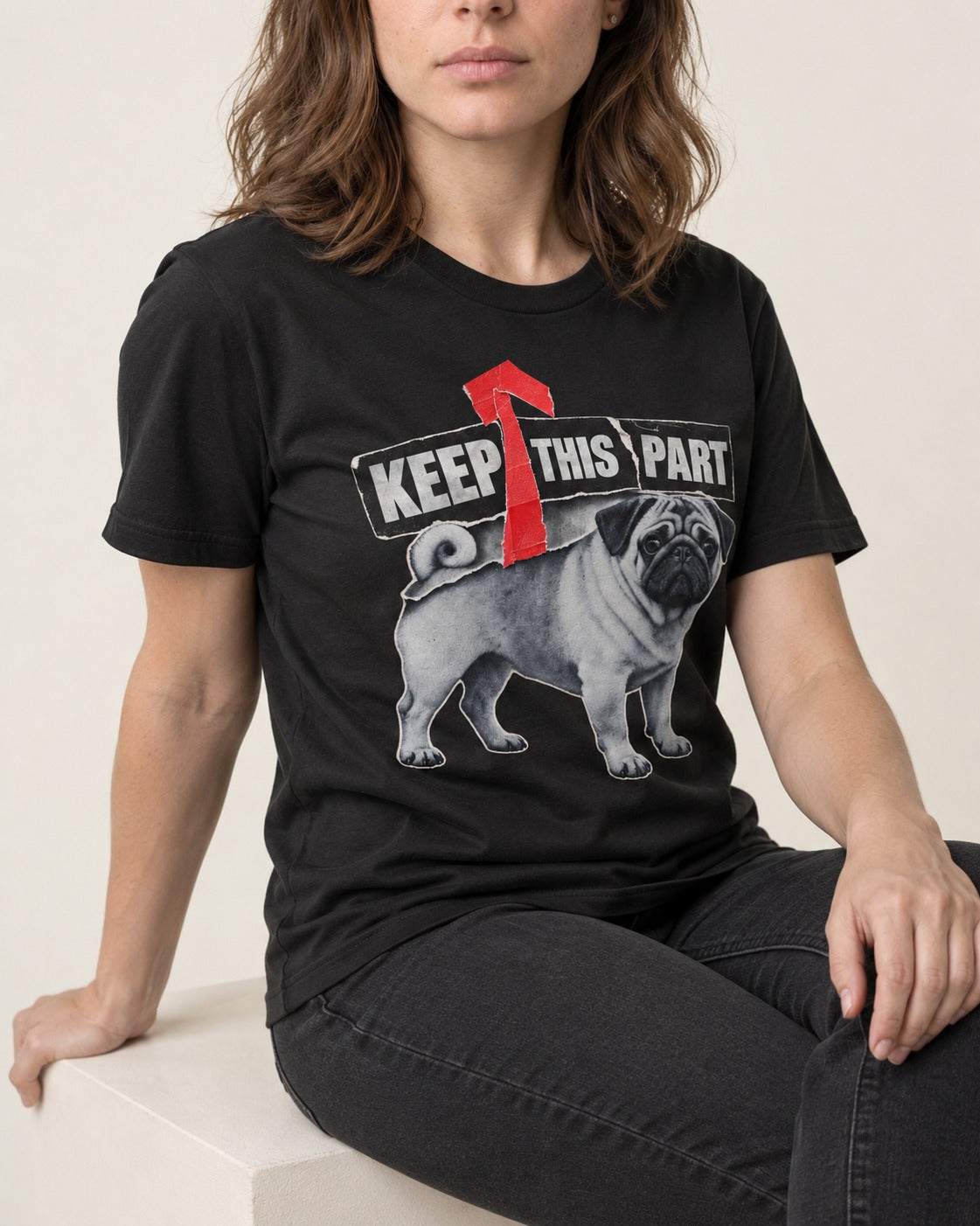 Pug Keep This Part Tape Arrow Graphic T-Shirt in Black, worn by a seated model
