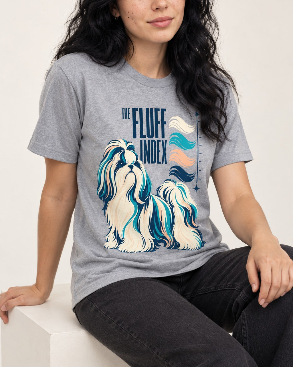 Shih Tzu The Fluff Index Coat Color Chart Graphic T-Shirt in Sport Grey, worn by a seated model