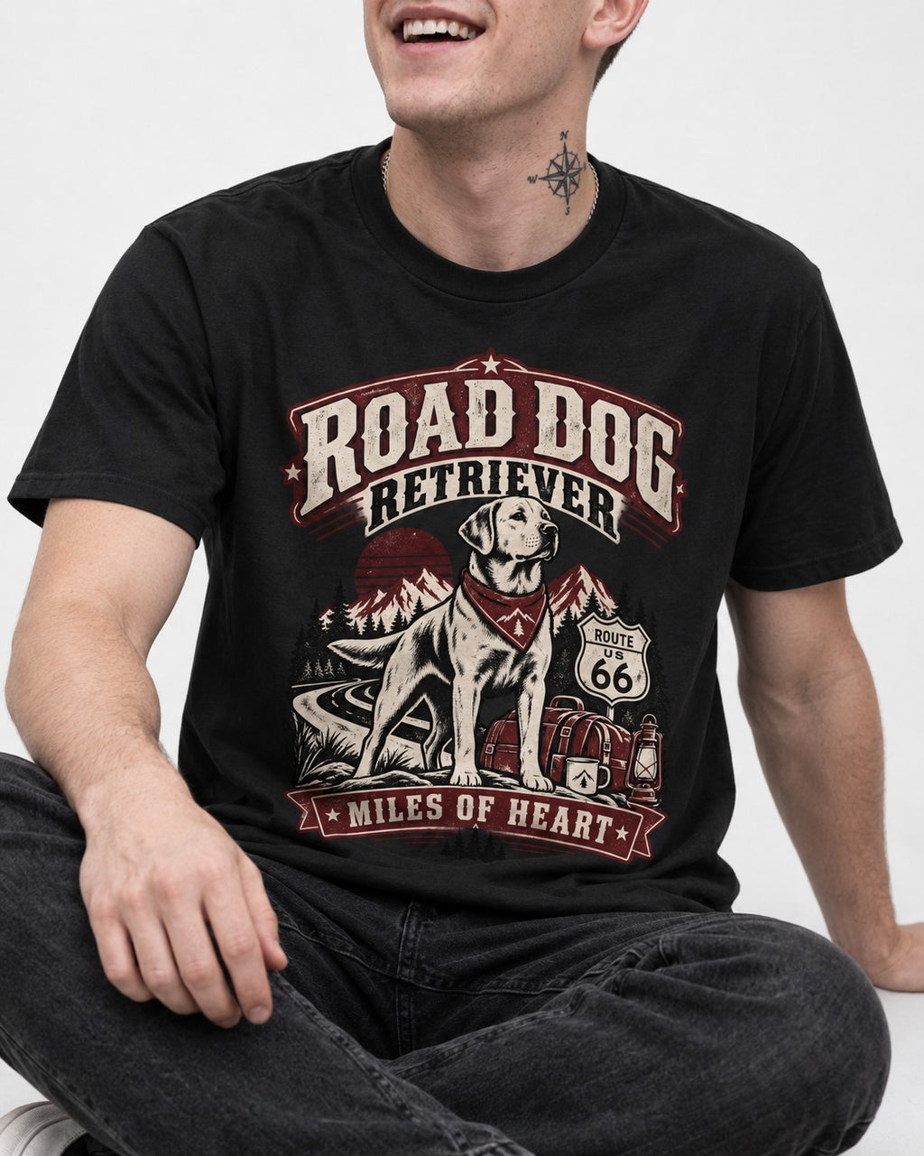 Labrador Retriever Road Dog Miles of Heart Route 66 Graphic T-Shirt in Black, worn by a seated model