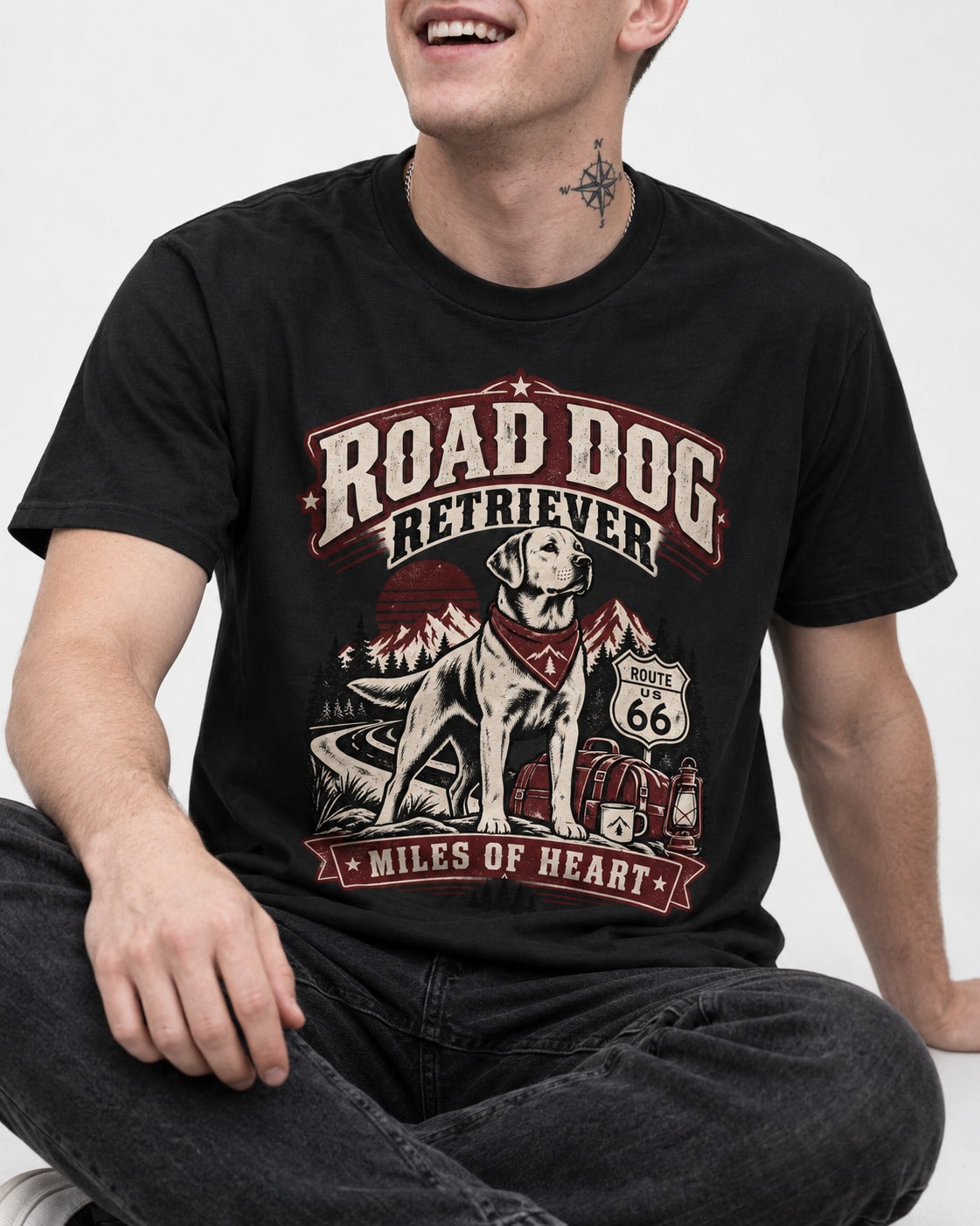 Labrador Retriever Road Dog Miles of Heart Route 66 Graphic T-Shirt in Black, worn by a seated model