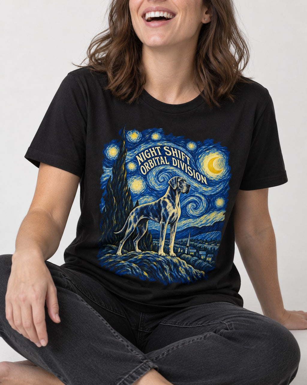 Great Dane Night Shift Orbital Division Starry Sky Graphic T-Shirt in Black, worn by a seated model
