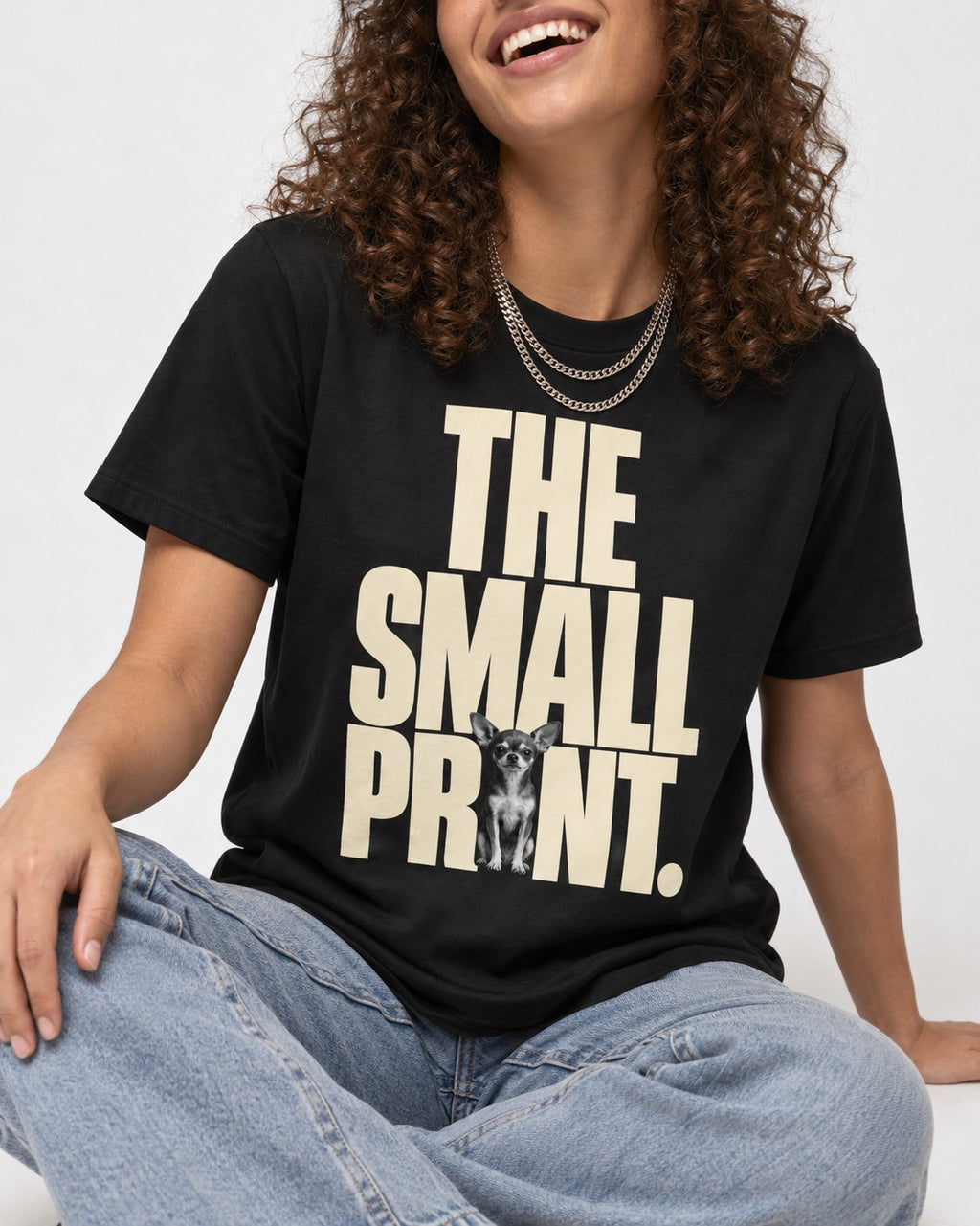 Chihuahua The Small Print Typographic Portrait T-Shirt in Black, worn by a seated model