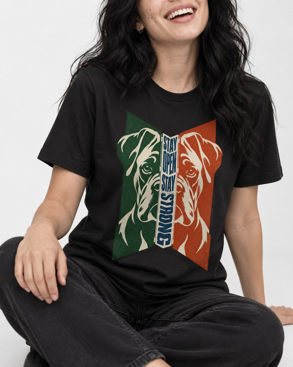 Boxer Stay Open Stay Strong T-Shirt in Black, worn by a seated model