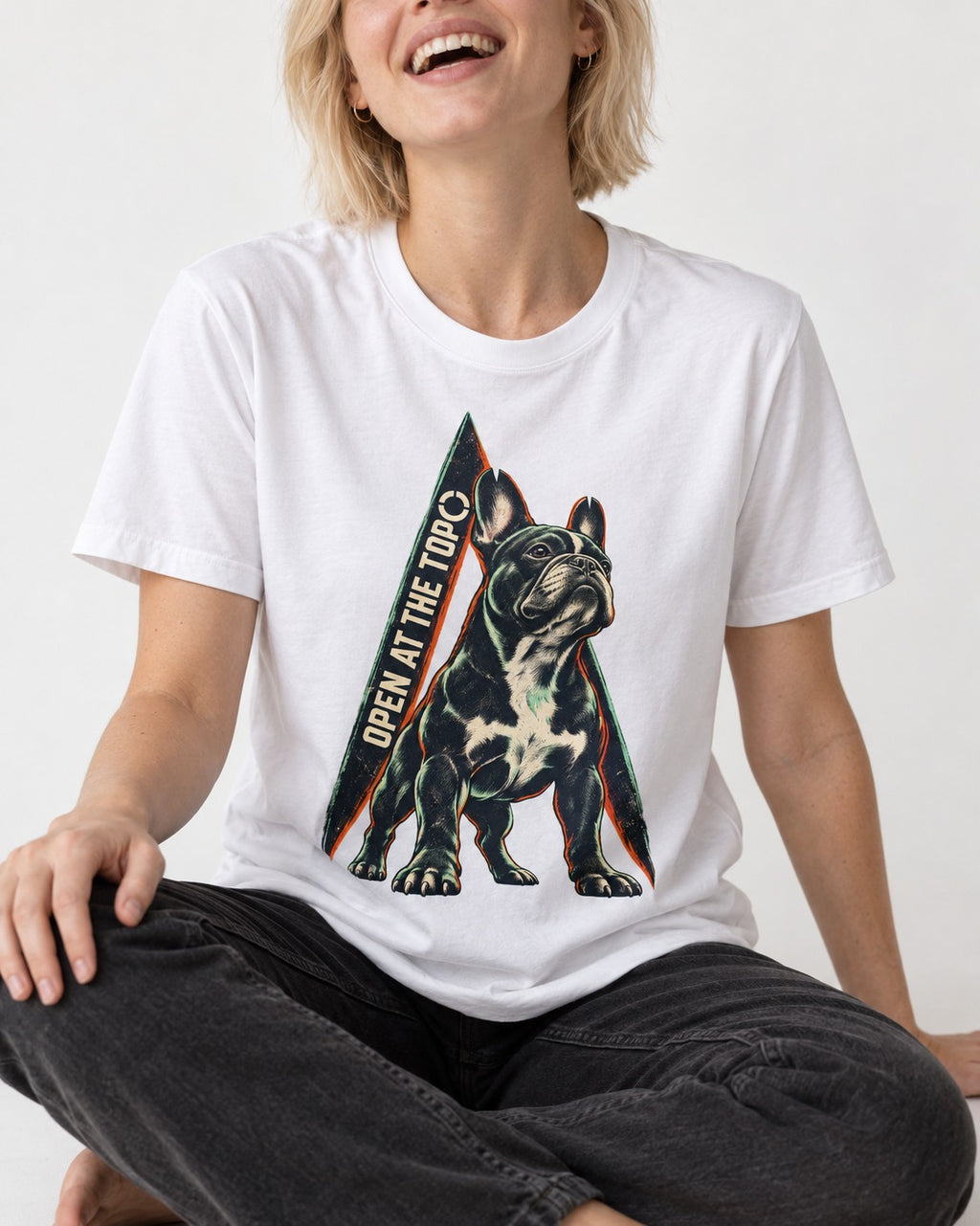 Frenchie Open at the Top T-Shirt in White, worn by a seated model