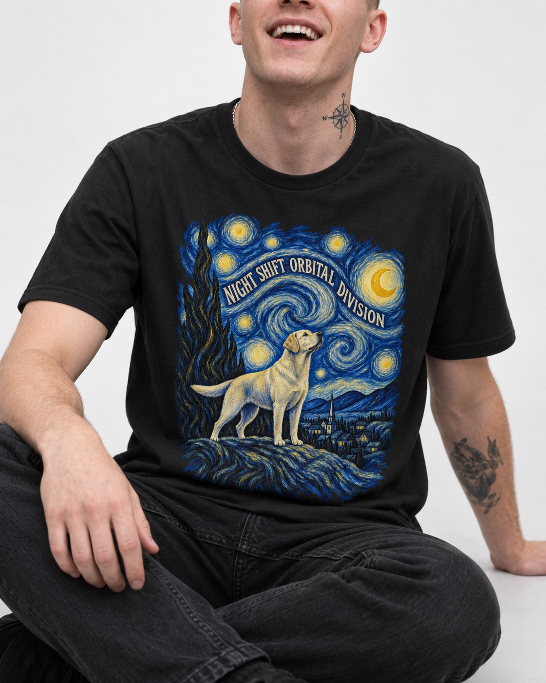 Labrador Retriever Night Shift Orbital Division Starry Night Graphic T-Shirt in Black, worn by a seated model