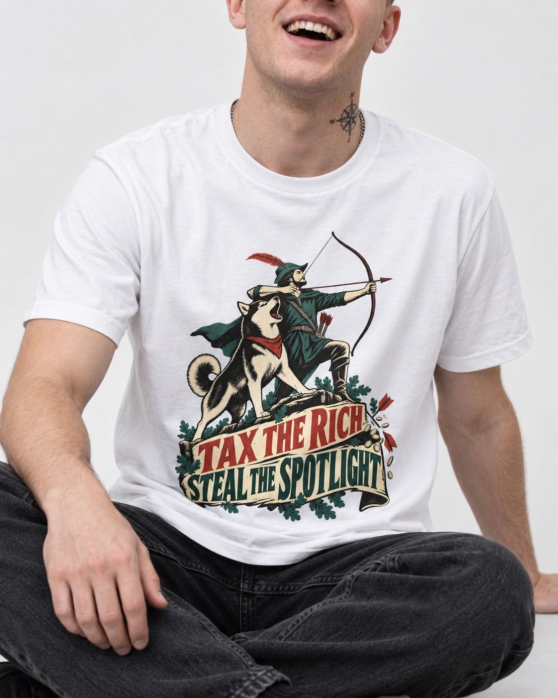 Husky Steals the Spotlight T-Shirt in White, worn by a seated model