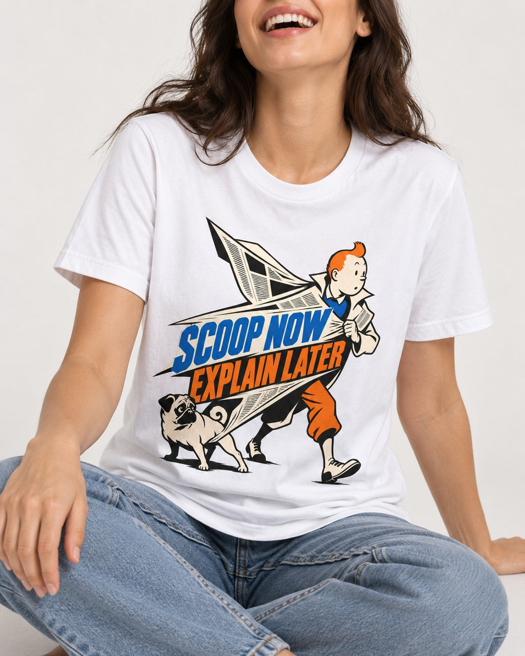 Pug Scoop Now Explain Later T-Shirt in White, worn by a seated model