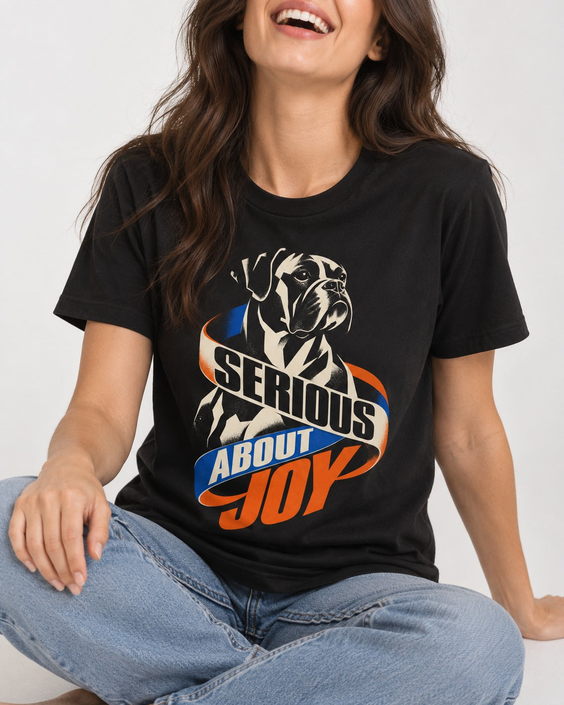 Boxer Serious About Joy T-Shirt in Black, worn by a seated model