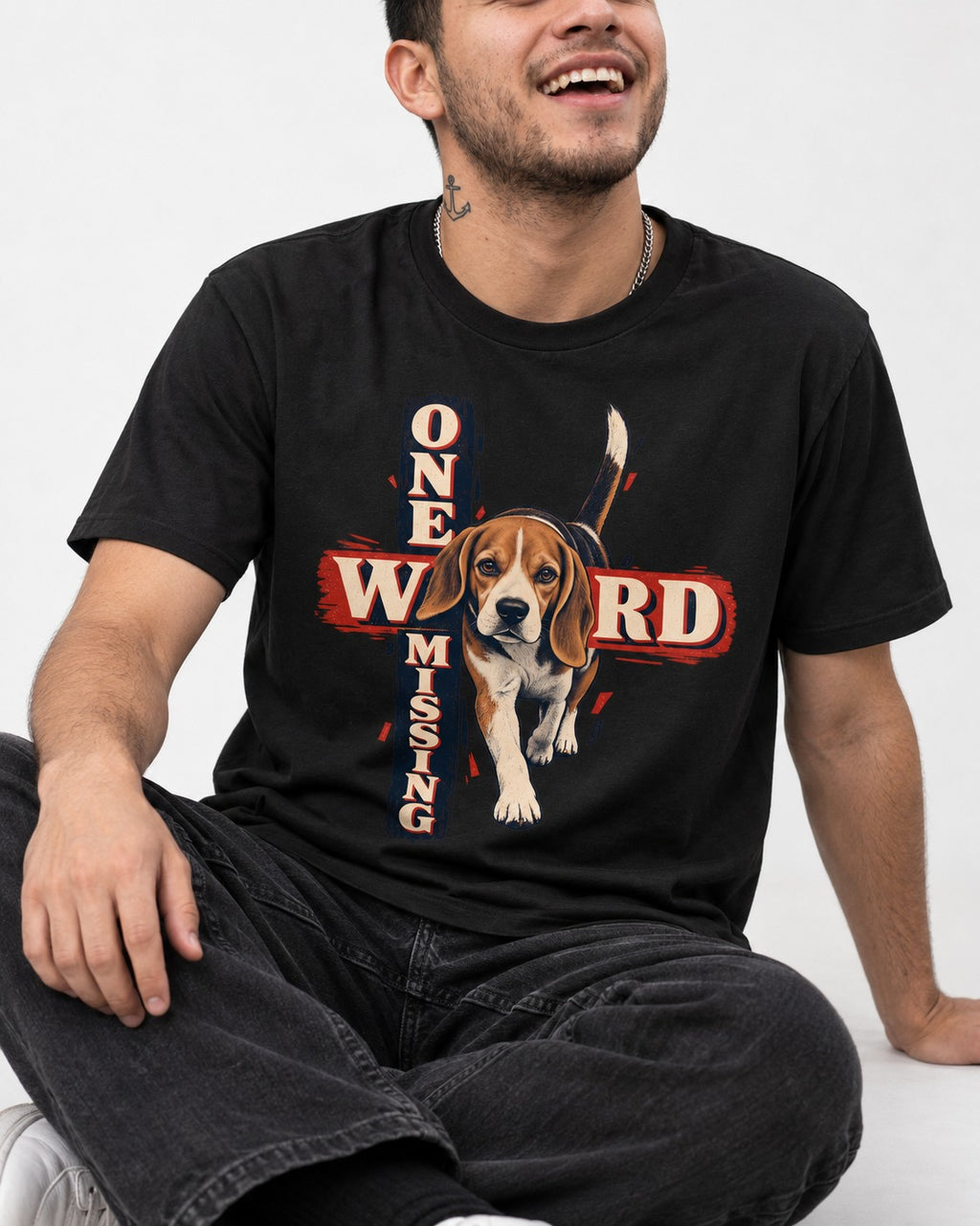 Beagle One Word Missing T-Shirt in Black, worn by a seated model