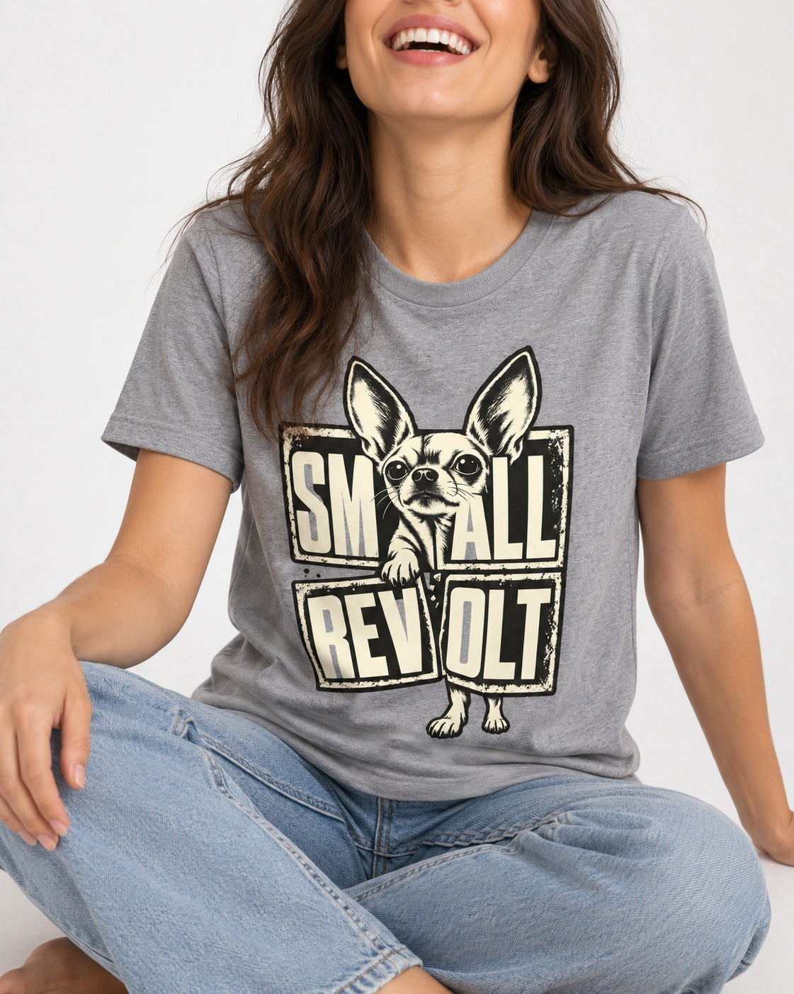 Chihuahua Small Revolt Broken Grid Graphic T-Shirt in Sport Grey, worn by a seated model