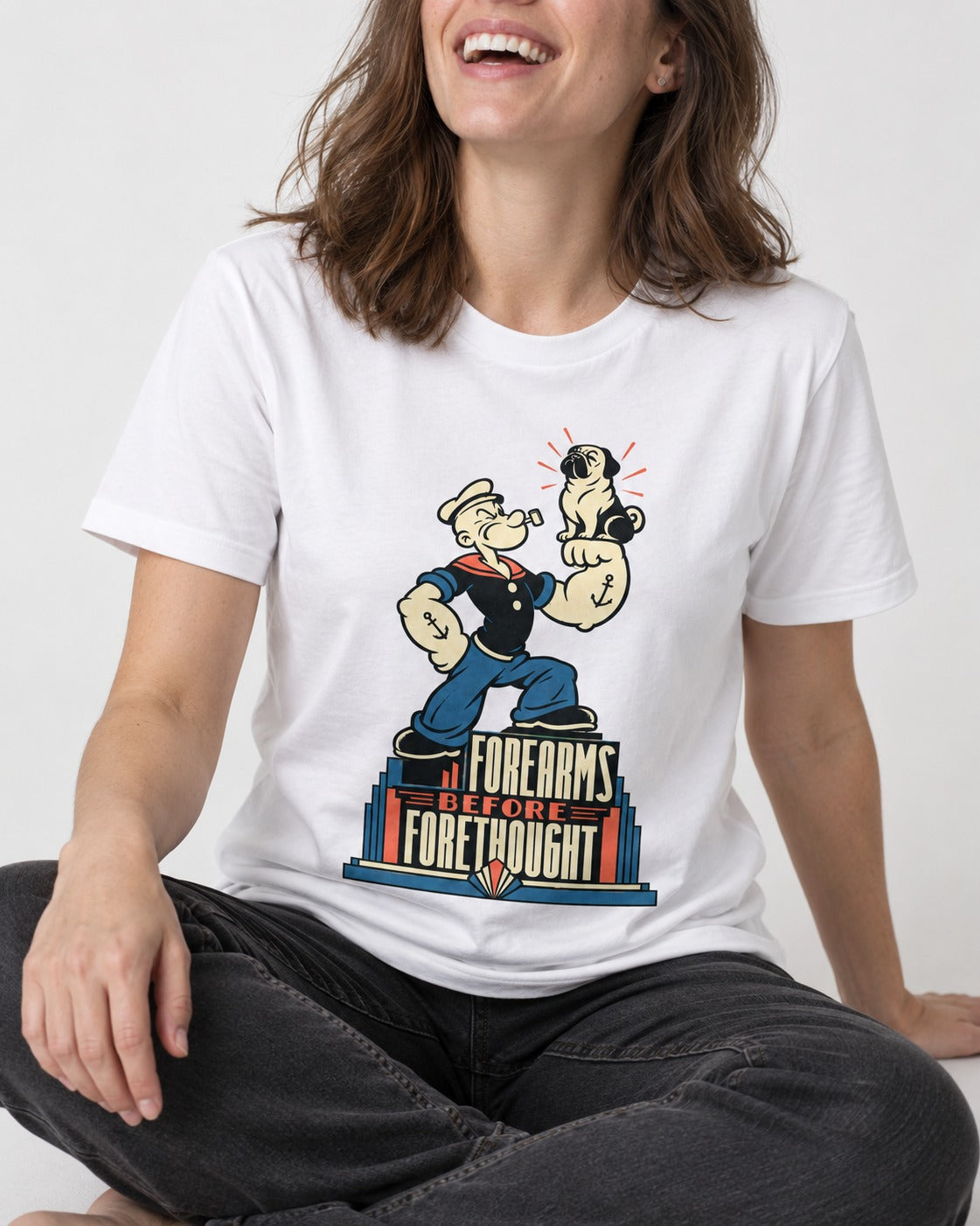Pug Forearms Before Forethought T-Shirt in White, worn by a seated model