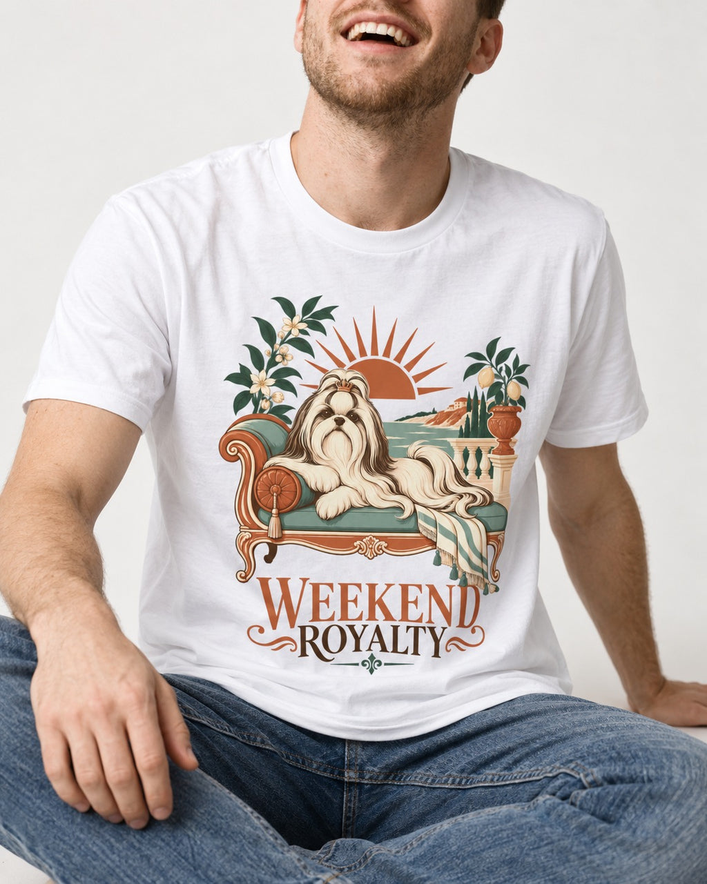 Shih Tzu Weekend Royalty T-Shirt in White, worn by a seated model