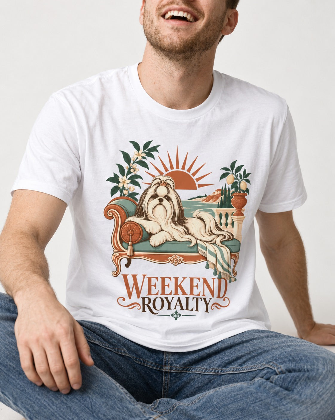 Shih Tzu Weekend Royalty T-Shirt in White, worn by a seated model
