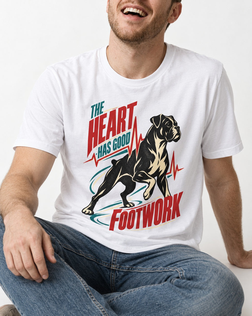 Boxer Heart Has Good Footwork T-Shirt in White, worn by a seated model