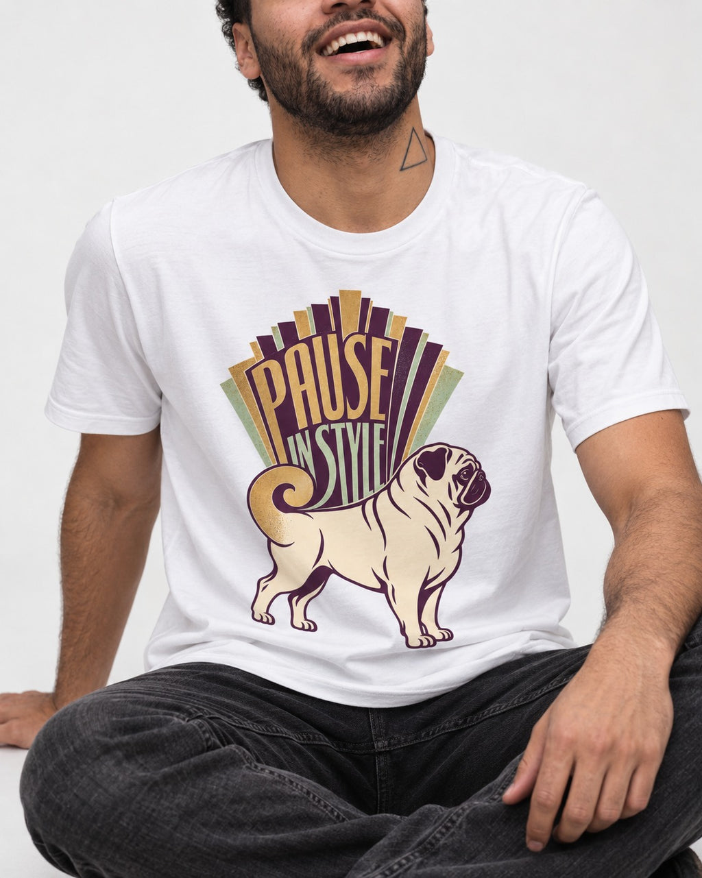 Pug Pause T-Shirt in White, worn by a seated model