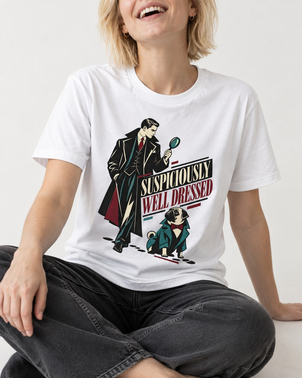 Suspiciously Well Dressed Pug T-Shirt in White, worn by a seated model