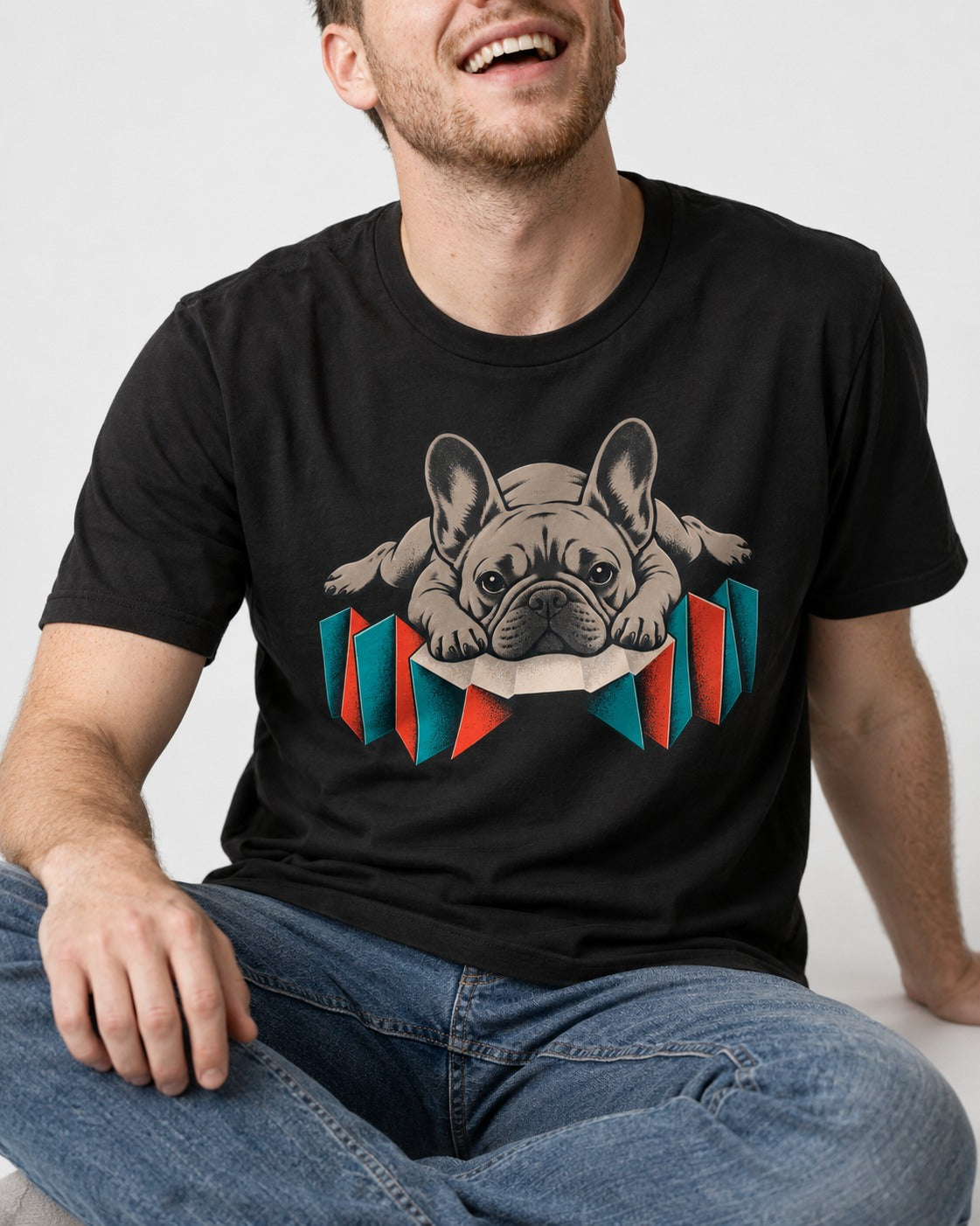 Frenchie Sploot Press Graphic T-Shirt in Black, worn by a seated model