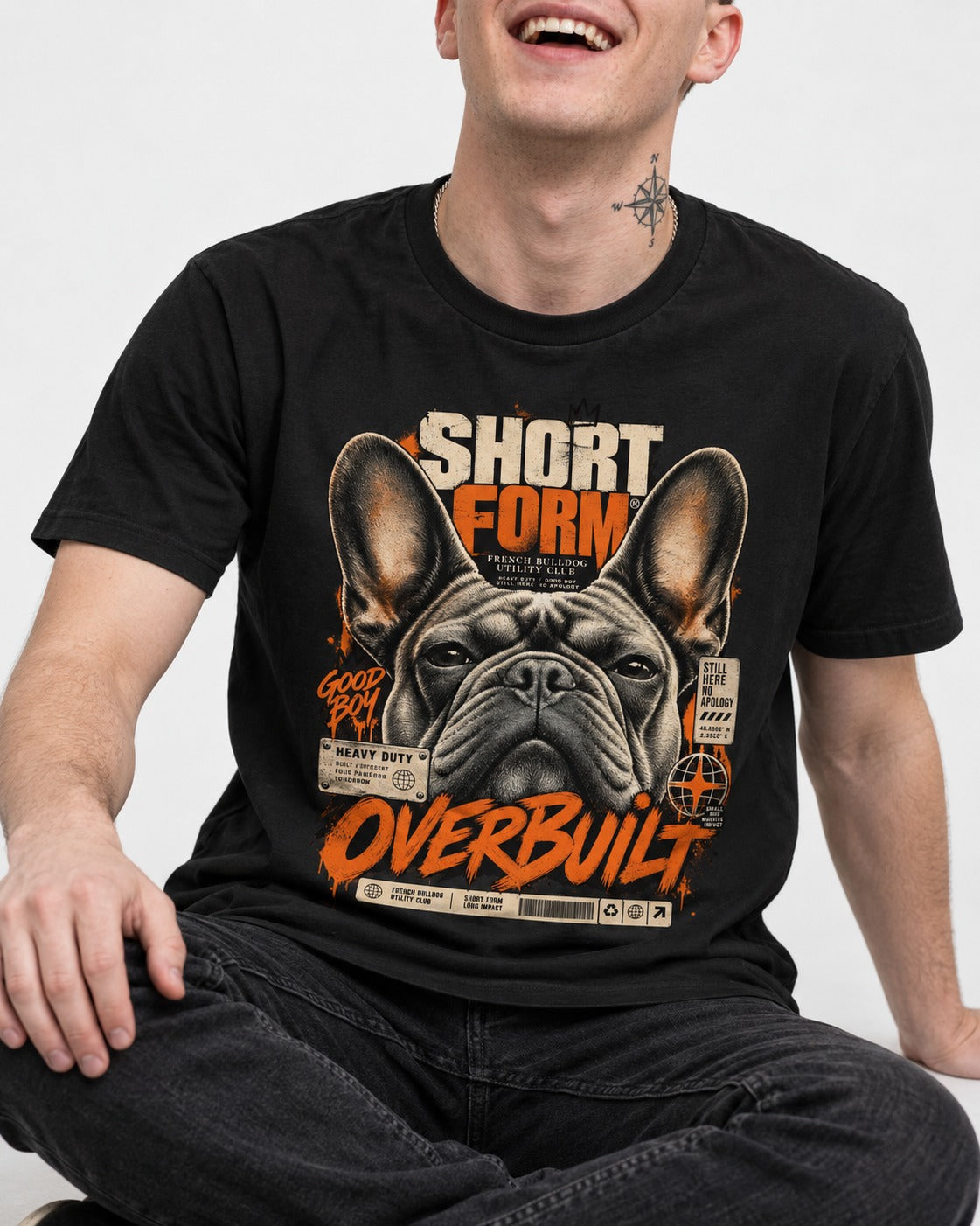 Frenchie Short Form Overbuilt Utility Club Poster Graphic T-Shirt in Black, worn by a seated model