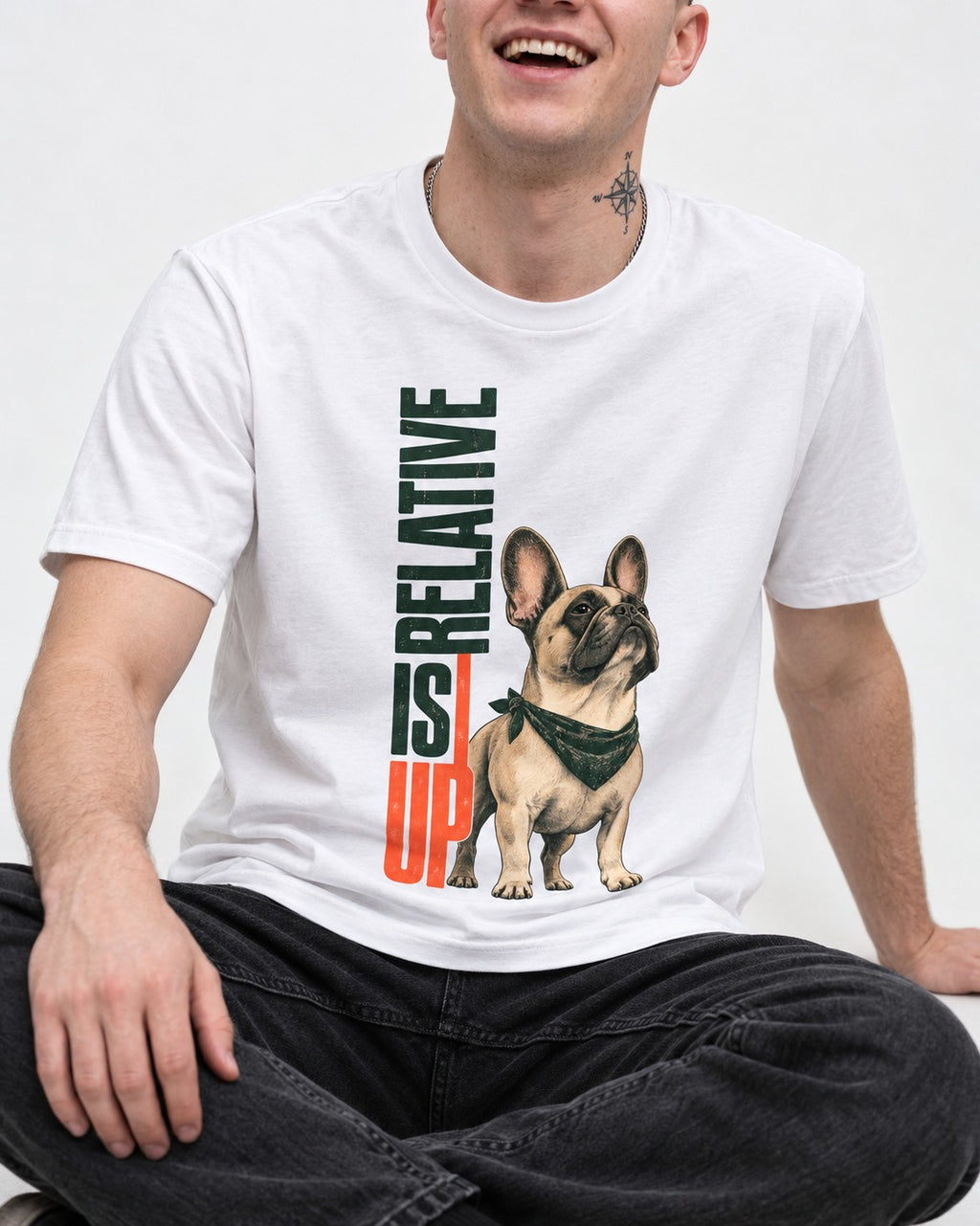 Up Is Relative Frenchie T-Shirt in White, worn by a seated model