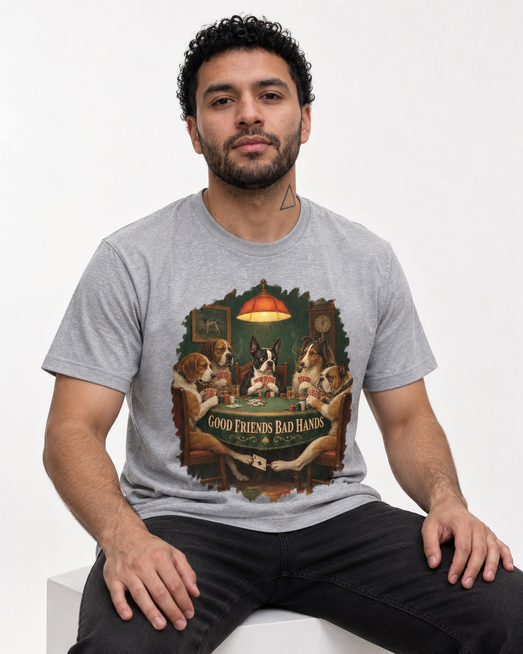 Good Friends Bad Hands Boston Terrier Poker Night T-Shirt in Sport Grey, worn by a seated model