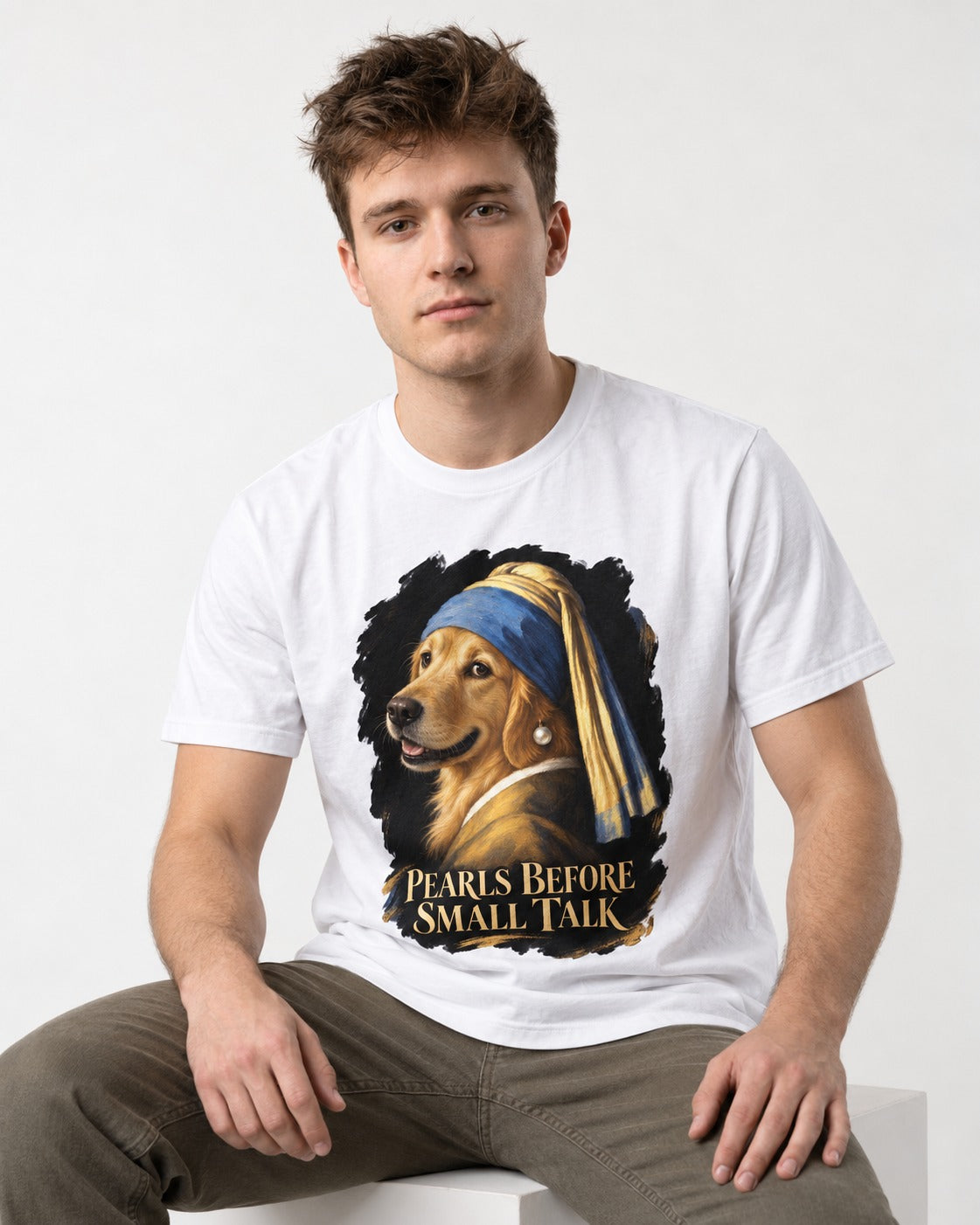 Pearls Before Small Talk Pearl Portrait Golden Retriever Graphic T-Shirt in White, worn by a seated model