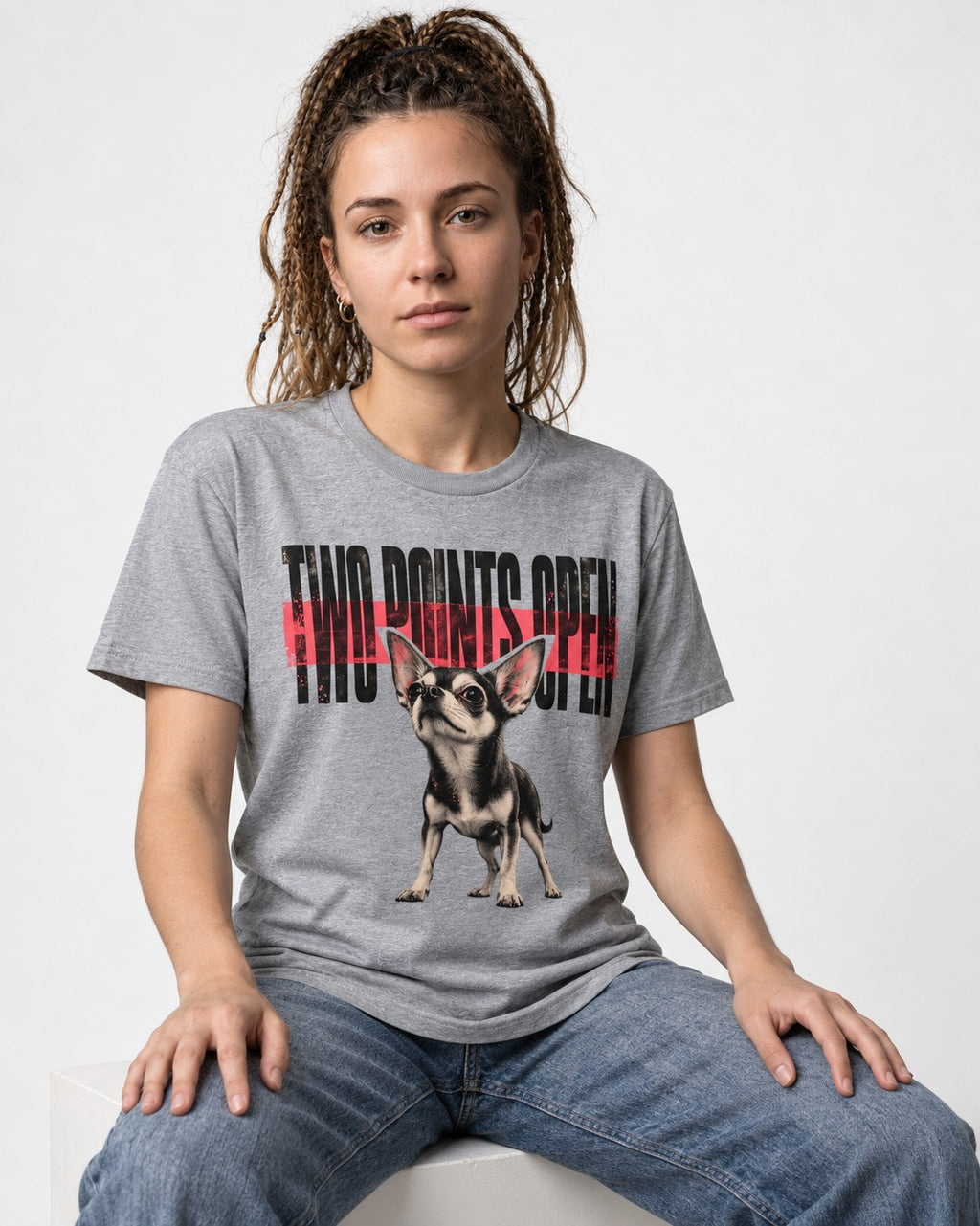 Two Points Open Chihuahua T-Shirt in Sport Grey, worn by a seated model